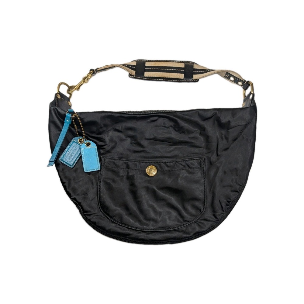 Vintage Coach 2005 Sateen Hobo Black Satin Teal Leather Trim L05J-117 Crescent